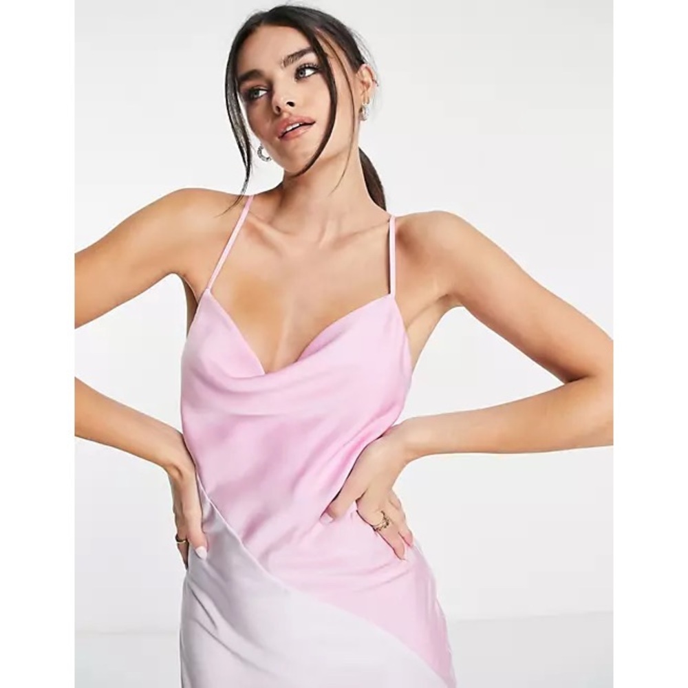 ASOS Design Asymmetric Color Block Satin Midi Dress with Lace-Up Back in Pink
